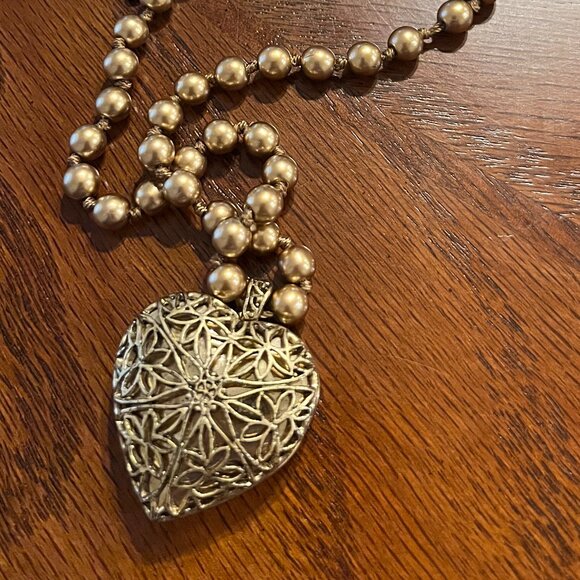 Monet Signed Heart Pendant Necklace VTG Designer Beads Gold beads open Work - Picture 1 of 7